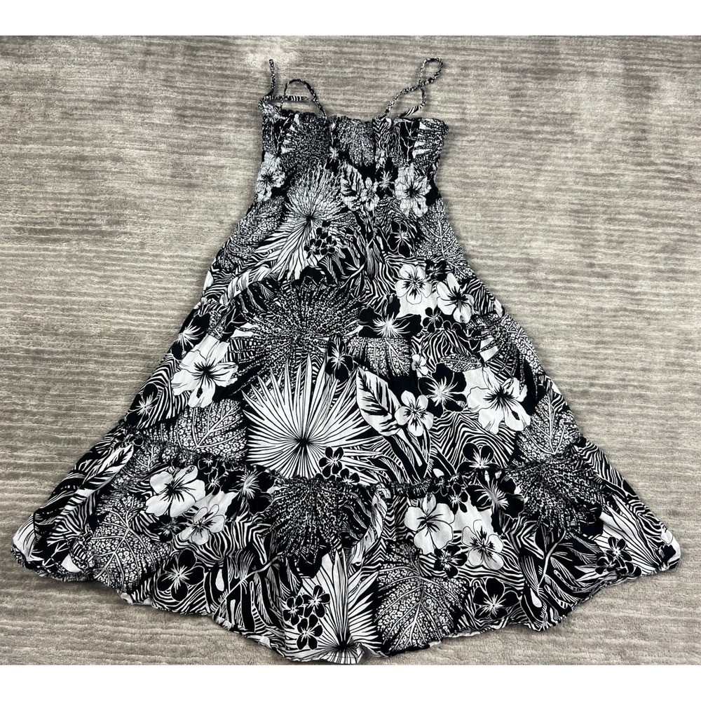 Ellie Collection Sundress Women L Black Floral Tropical Smocked Tiered Cotton